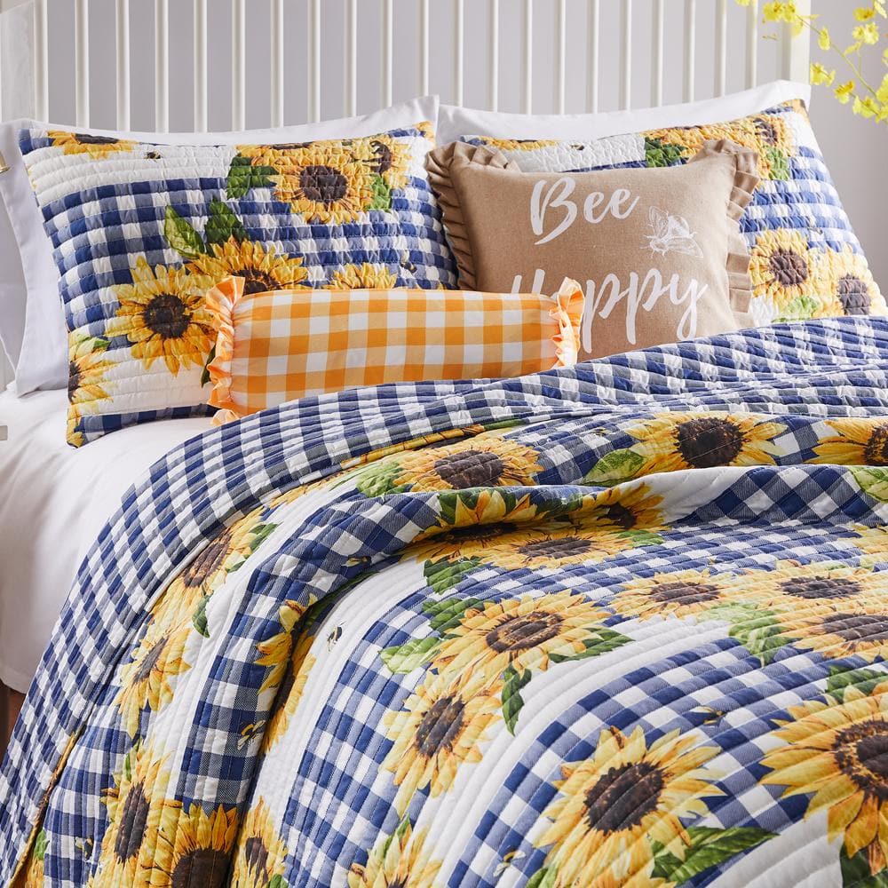 Sunflower and Blue Gingham Twin Microfiber Reversible Quilt Set