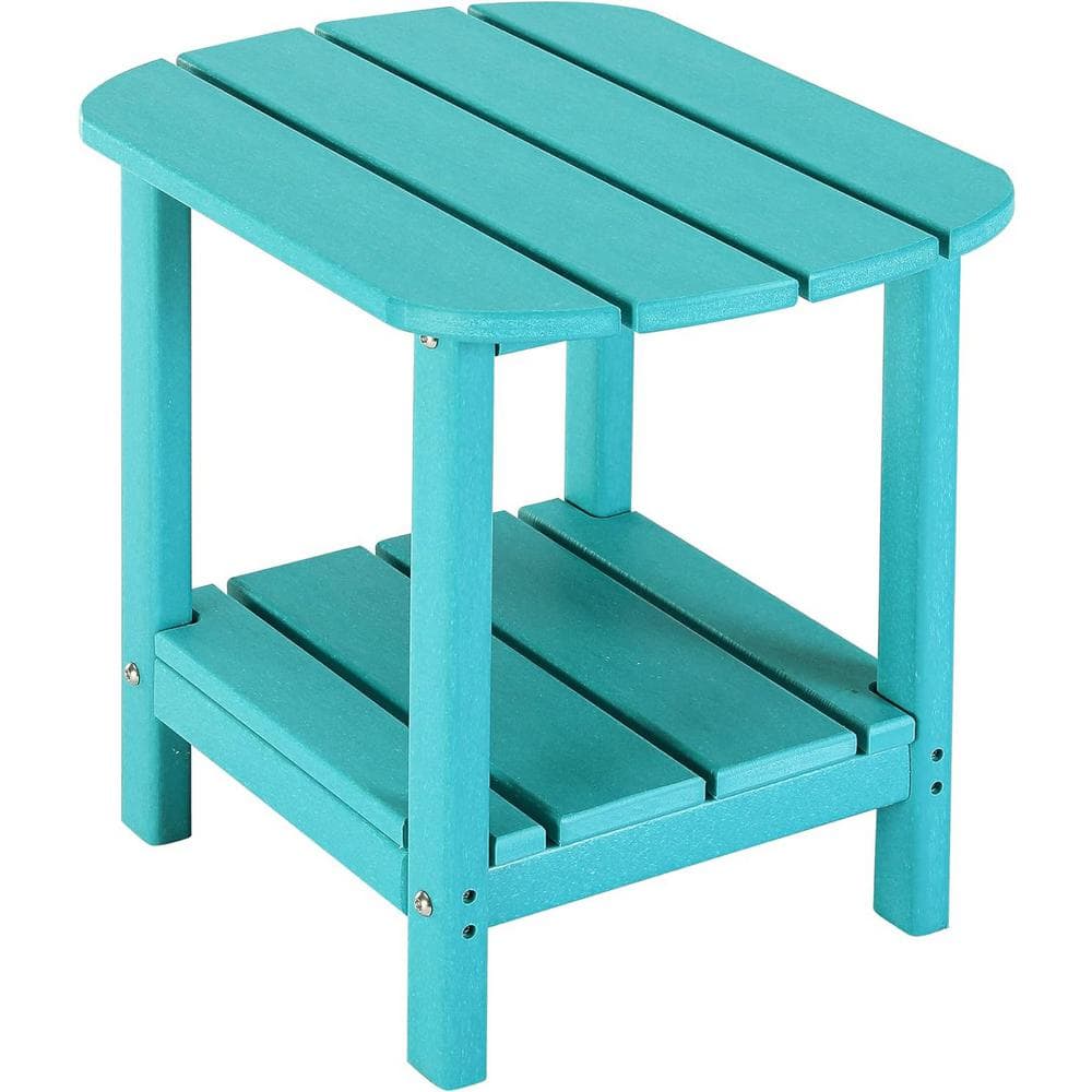 Turquoise Oval HDPE Outdoor Side Table with Storage Shelf