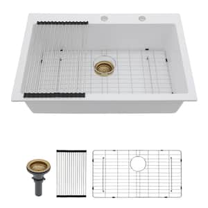 33 in. Topmount R15 Round Corner Quartz Composite White Drop-In Kitchen Sink Single Bowl with Accessories