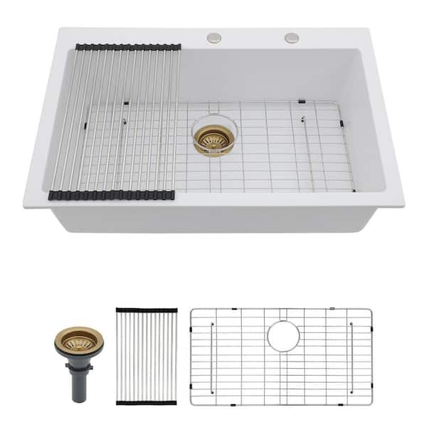 33 in. Topmount R15 Round Corner Quartz Composite White Drop-In Kitchen Sink Single Bowl with Accessories