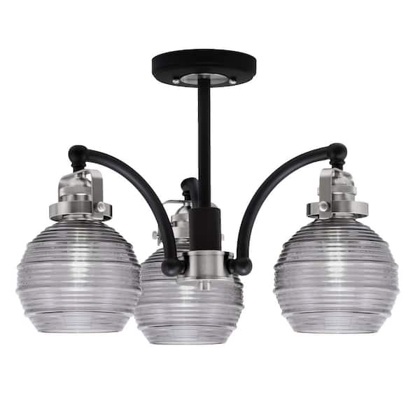 Unbranded Decatur 16.25 in. 3 Light Black and Nickel Semi-Flush with 6 in. Smoke Ribbed Glass Shades No blulbs included