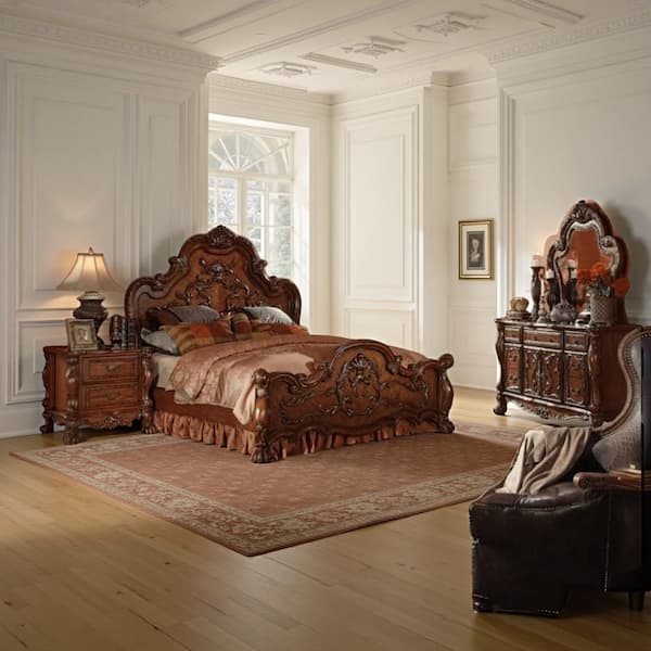 Rosy 4-Piece Cherry Oak Brown Queen Wood Bedroom Set