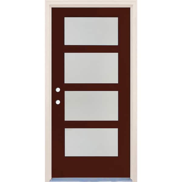Builders Choice 36 in. x 80 in. Right-Hand/Inswing 4 Lite Satin Etch Glass Chestnut Fiberglass Prehung Front Door w/4-9/16" Frame