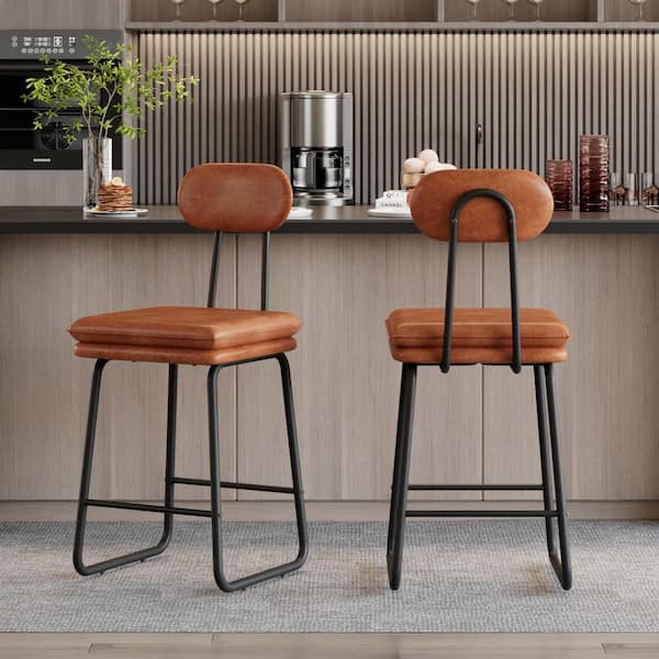 Counter Height Dining Chairs Set of 2 w/ Upholstered Seats and Metal Frame, Brown Kitchen Island Dining Chairs w/ Back