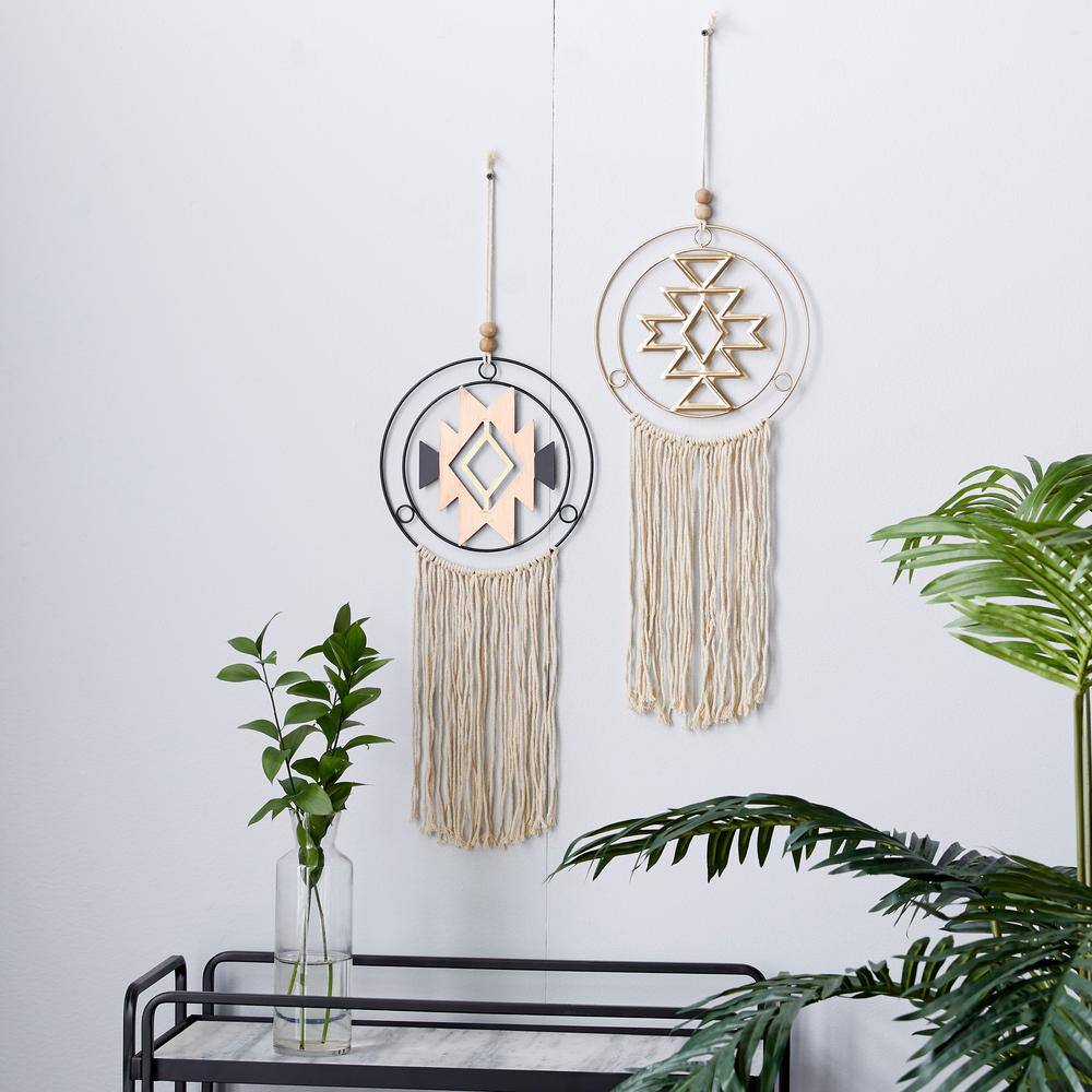 Multi-Colored Metal and Linen Macrame Wall Hanging Set
