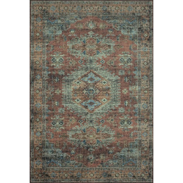 Skye Terracotta/Sky 8 ft. x 8 ft. Round Printed Distressed Oriental Area Rug