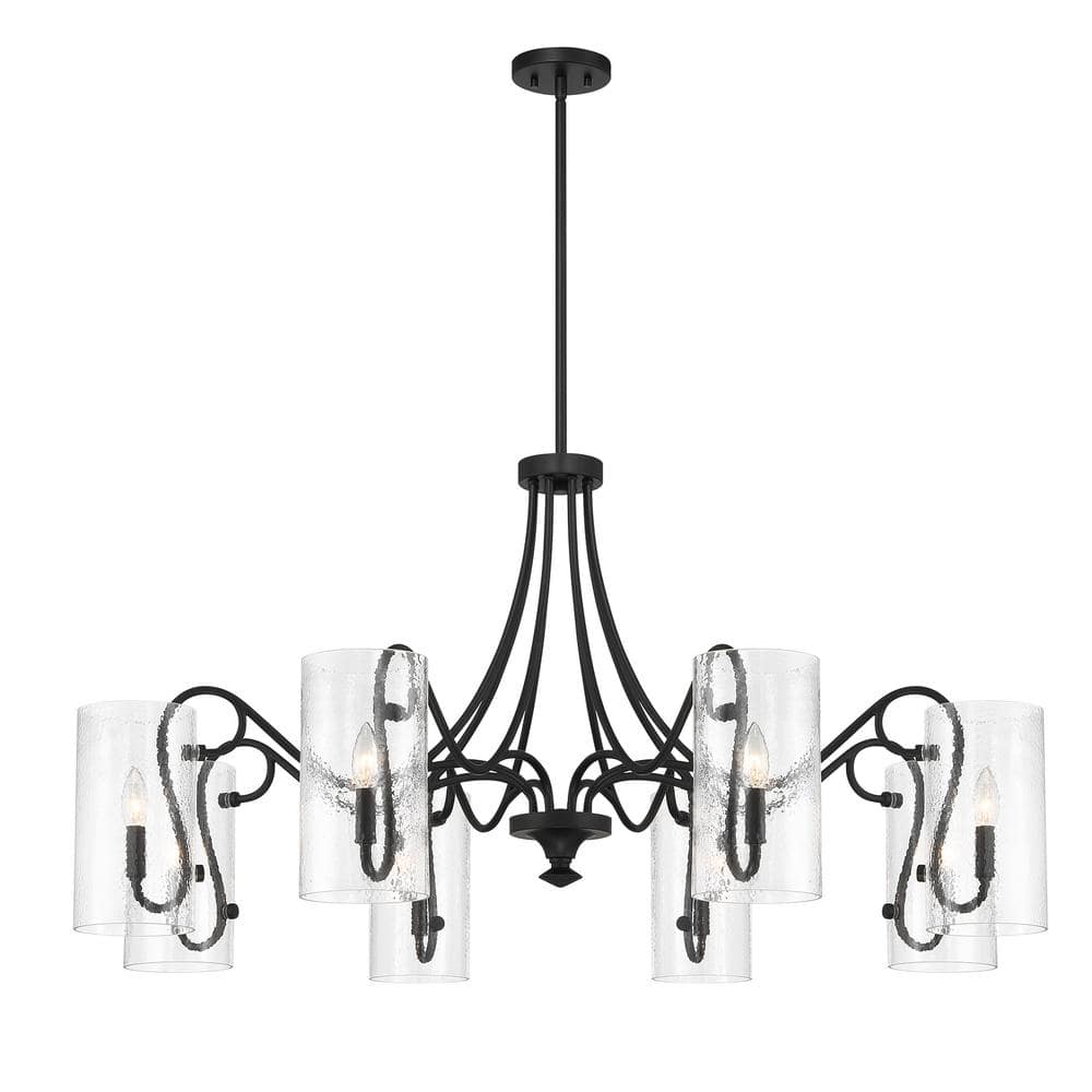 Matte Black 8-Light Chandelier with Clear Hammered Glass Shades