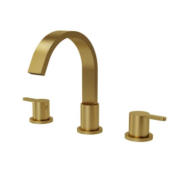 3-Hole Waterfall 8 in. Widespread Double Handle High-Arc Spot Resist Bathroom Sink Faucet with Drain in Brushed Gold