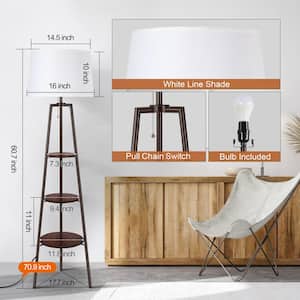 60.7 in. Brown Tripod Floor Lamp with with White Linen Texture Shade and 3-tier Wood Open Storage Shelf