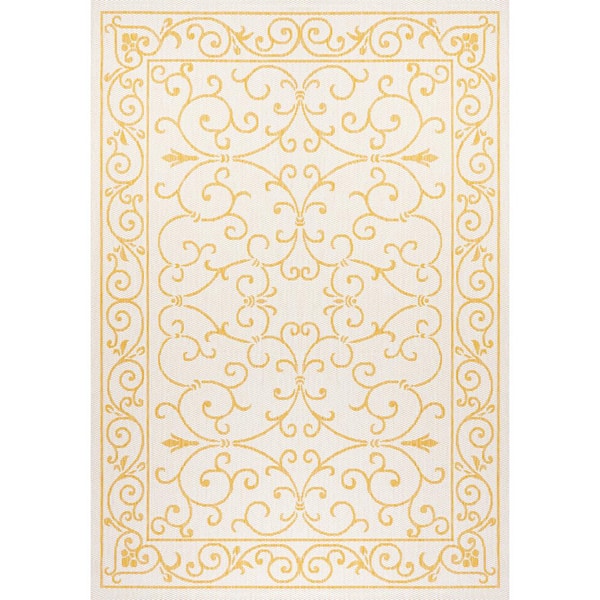 Charleston Vintage Filigree Textured Weave Cream/Yellow 8 ft. x 10 ft. Indoor/Outdoor Area Rug