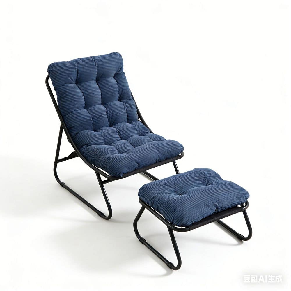 Navy Blue Corduroy Recliner with Ottoman and Puffy Cushion