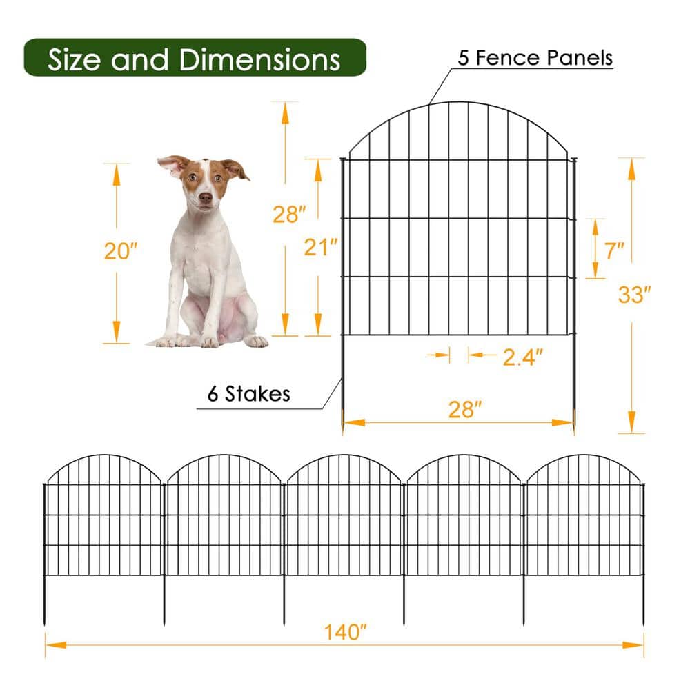 Black Metal Garden Fence Panels with Stakes, 28in x 11.7ft
