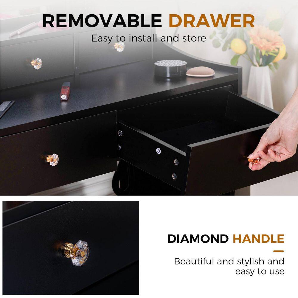 Makeup Vanity Desk with 3-Color Modes Adjustable Lights Vanity Table and Chair Set with Charging Station, White - thumbnail 4