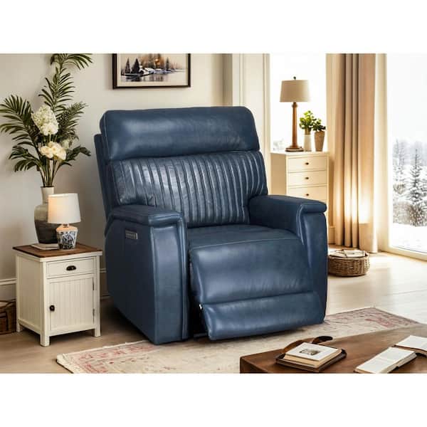 Ellesophas 38 in. Genuine Leather Triple Power Recliner in DarkBlue with USB and USB-C Ports, Power Headrest and Lumbar