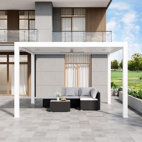 13 ft. x 13 ft. Ivory Aluminum Patio Pergola with Built-In Solar Panel, Ceiling Fan and Round LED Light