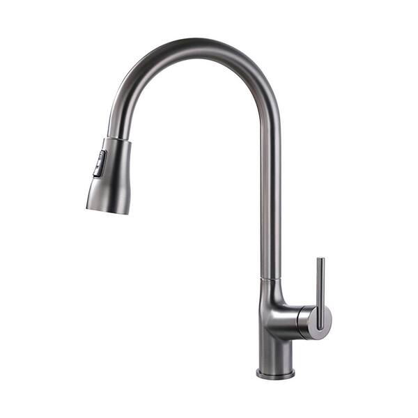 YASINU Single-Handle Deck Mount Gooseneck Pull Down Sprayer Kitchen Faucet in Matte Grey