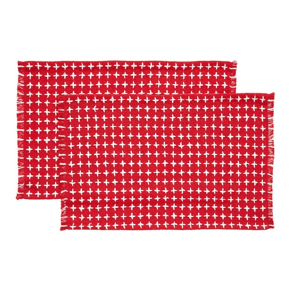 VHC BRANDS Gallen 13 in. x 19 in. Red White Cross Stitch Cotton Blend Placemat (Set of 2)