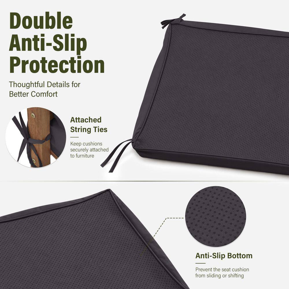 Detail shot of the anti-slip bottom and string ties on an outdoor cushion.