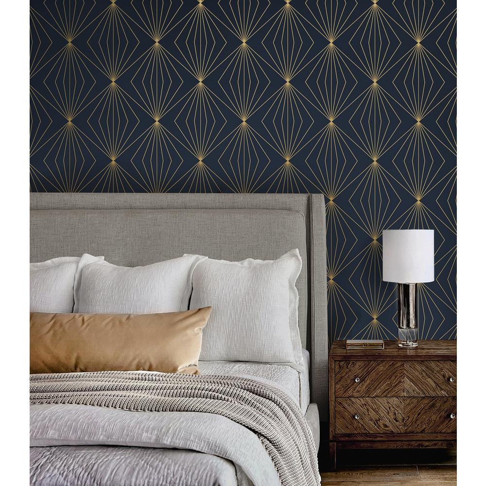 Dark Blue and Metallic Gold Geometric Peel and Stick Wallpaper
