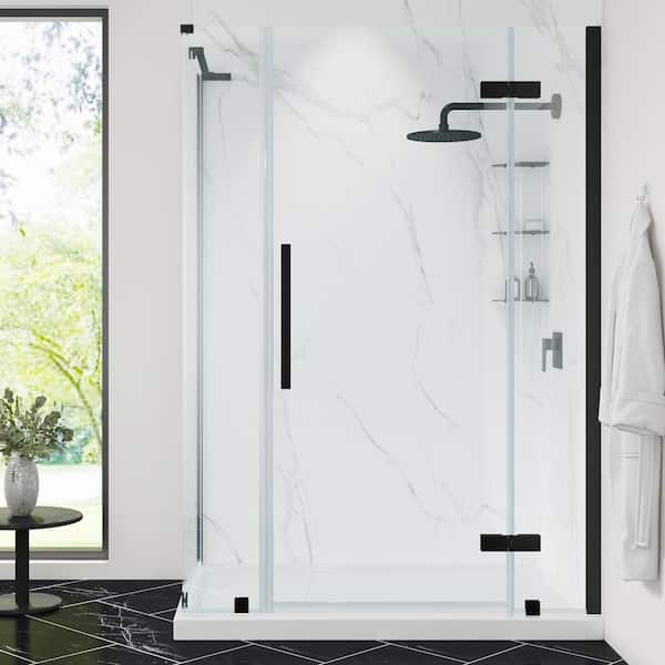 OVE Decors Tampa 48 in. L x 32 in. W x 75 in. H Corner Shower Kit w/ Pivot Frameless Shower Door in Black w/Shelves and Shower Pan