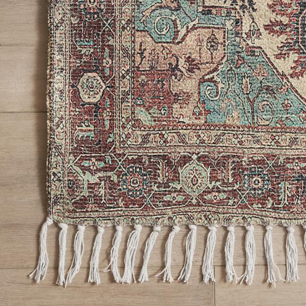 Chinille Fringe Machine Washable Red/Ivory 2 ft. x 9 ft. Floral 2-Piece Rug Set