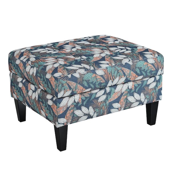 Zahra Autumn Floral Tufted Fabric Accent Storage Ottoman with Solid Wood Legs