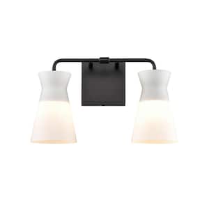 Byron 15 in. W 2-Light Matte Black Vanity Light with Glass Shades