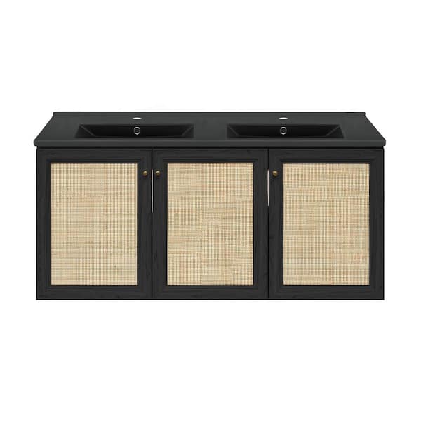 Classe 48 in. Wall-Mounted Bathroom Vanity in Black Oak with Black Double Basin Sink Top