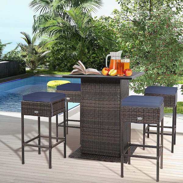 5-Piece Patio Bar Set Rattan Bar Furniture Set with Table & 4 Cushioned Stools Navy