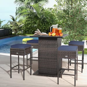 5-Piece Patio Bar Set Rattan Bar Furniture Set with Table & 4 Cushioned Stools Navy