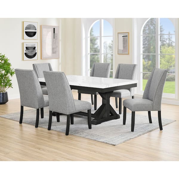 Best Quality Furniture Juno 7-Piece White Faux Marble Top Wood Rustic Grey Base Dining Set with 6 Grey Chairs