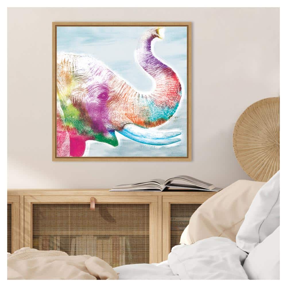 Colorful Elephant Giclee Print on Canvas with Maple Frame