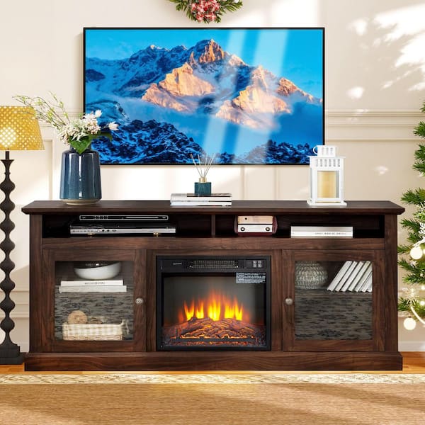 60 in. Freestanding TV Stand in Brown with 18 in. Fireplace Insert, Classic American Design, Open and Closed Storage