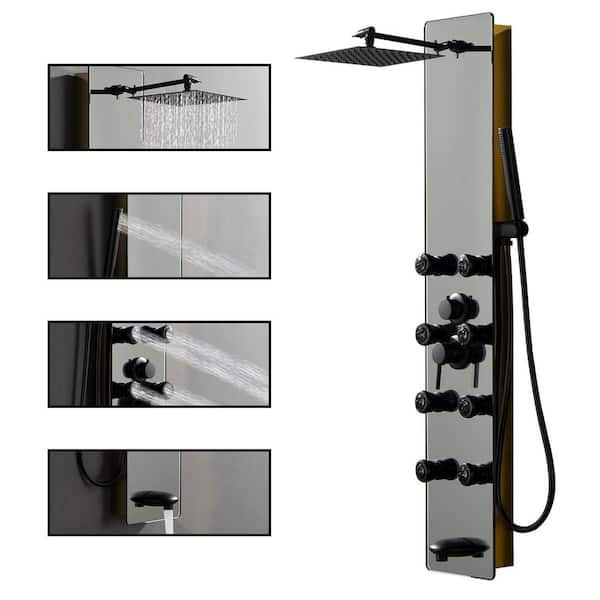 8-Jet Multifunction Shower Panel System with Adjustable Rainfall Shower Head, Handheld in Matte Black Gold