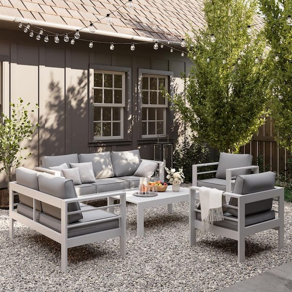 Poteban 5-Piece Oversized Aluminum Patio Sectional Sofa Set with 5 in. White Cushions