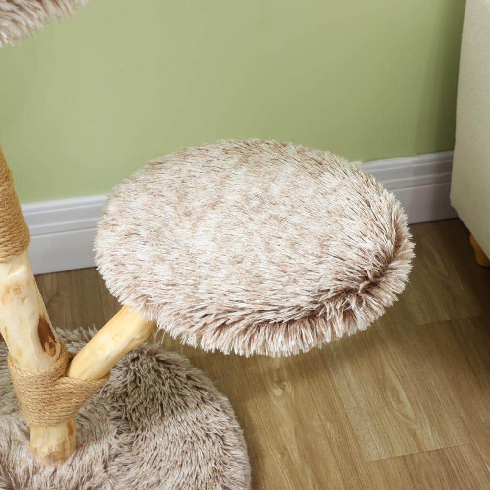 35 Inch Brown Plush and Wood Cat Tree Tower
