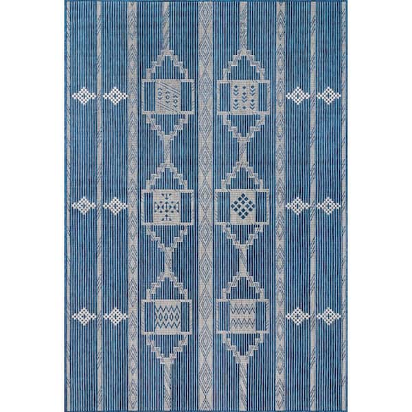 nuLOOM Claudia Tribal Striped Blue 6 ft. 7 in. x 9 ft. Indoor/Outdoor Area Rug