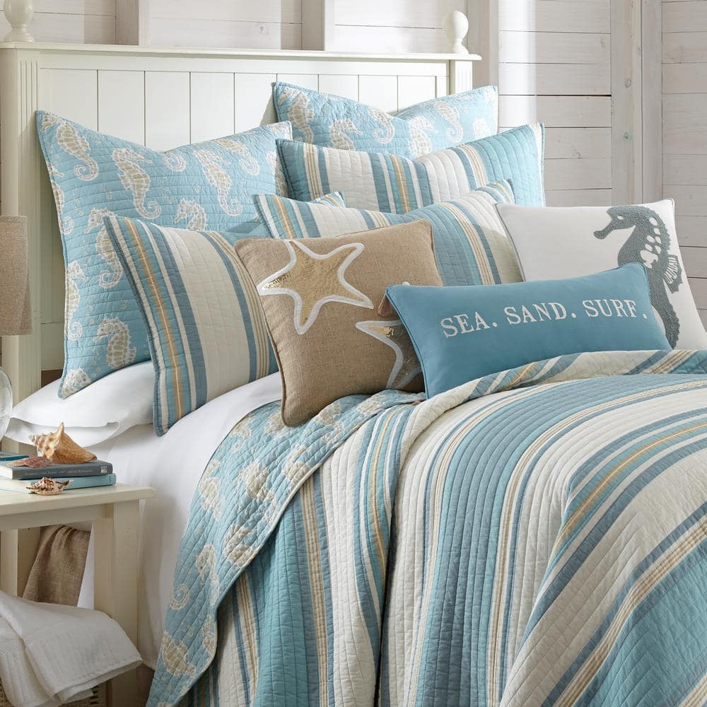 Blue and Taupe Cotton Twin Reversible Quilt Set