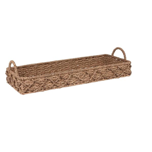 Natural Brown Rectangle Seagrass Bankuan Rope 13 in. Diamond Weave Decorative Tray with Handles
