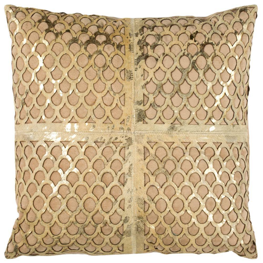 Beige and Gold Cowhide Square Throw Pillow