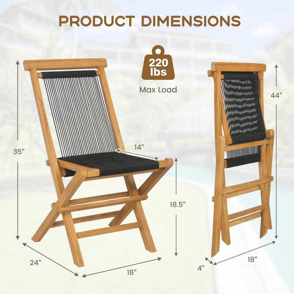 Natural Teak and Black Woven Rope Folding Patio Chairs, Set of 2