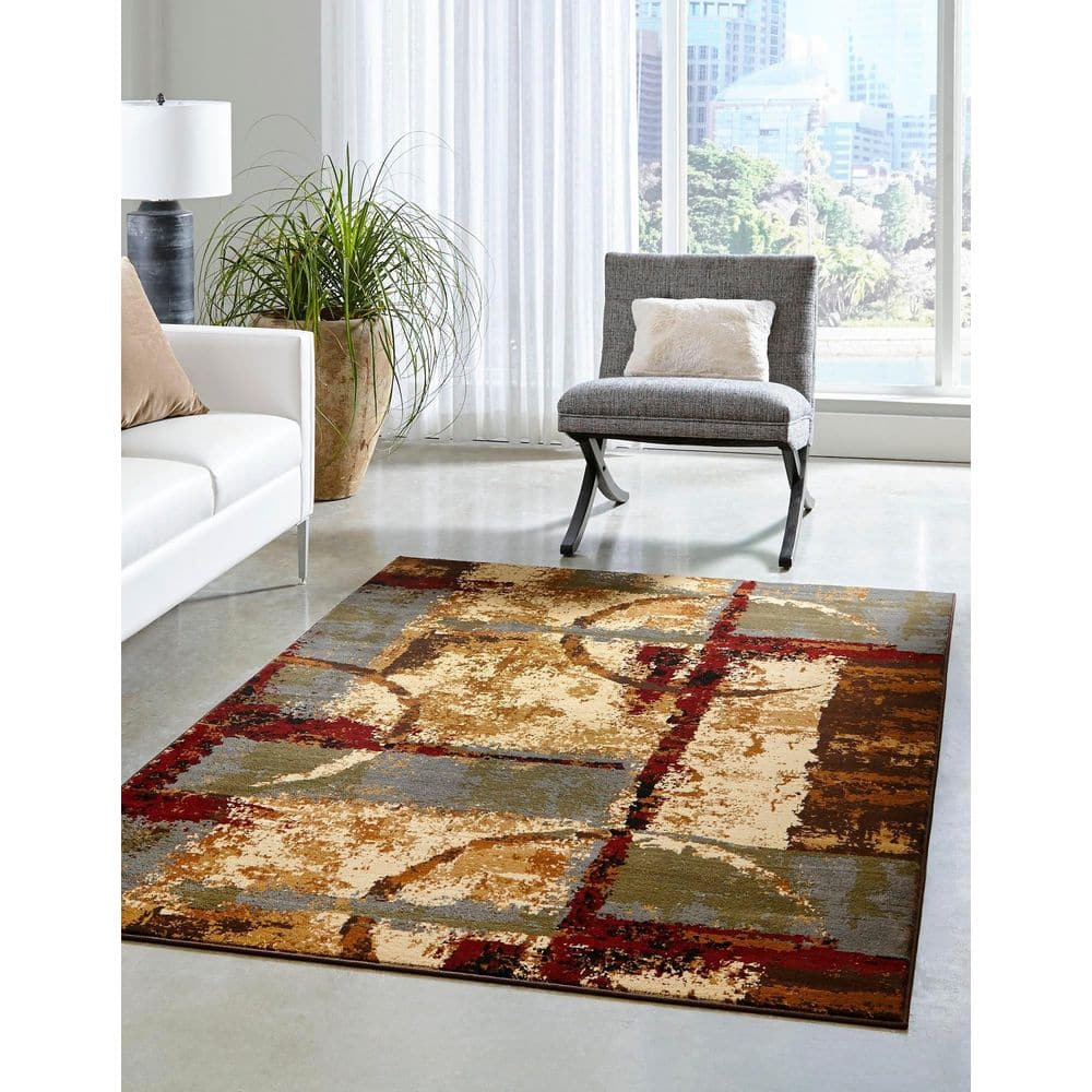 Braided Edge 5' x 8' Rectangular Geometric Indoor Rug in Black and Multicolor
