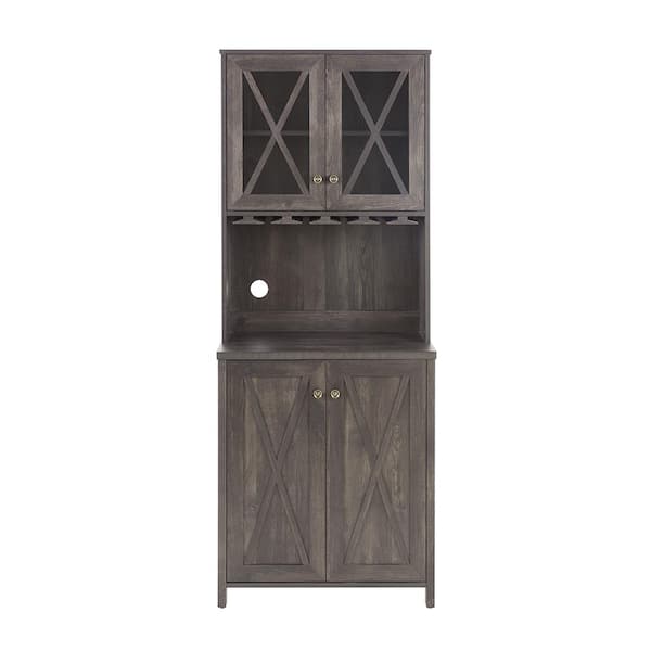 WarmieHomy 4-Bottle Farmhouse Bar Cabinet for Liquor and Glasses, Dining Room Kitchen Cabinet with Brown Wine Rack