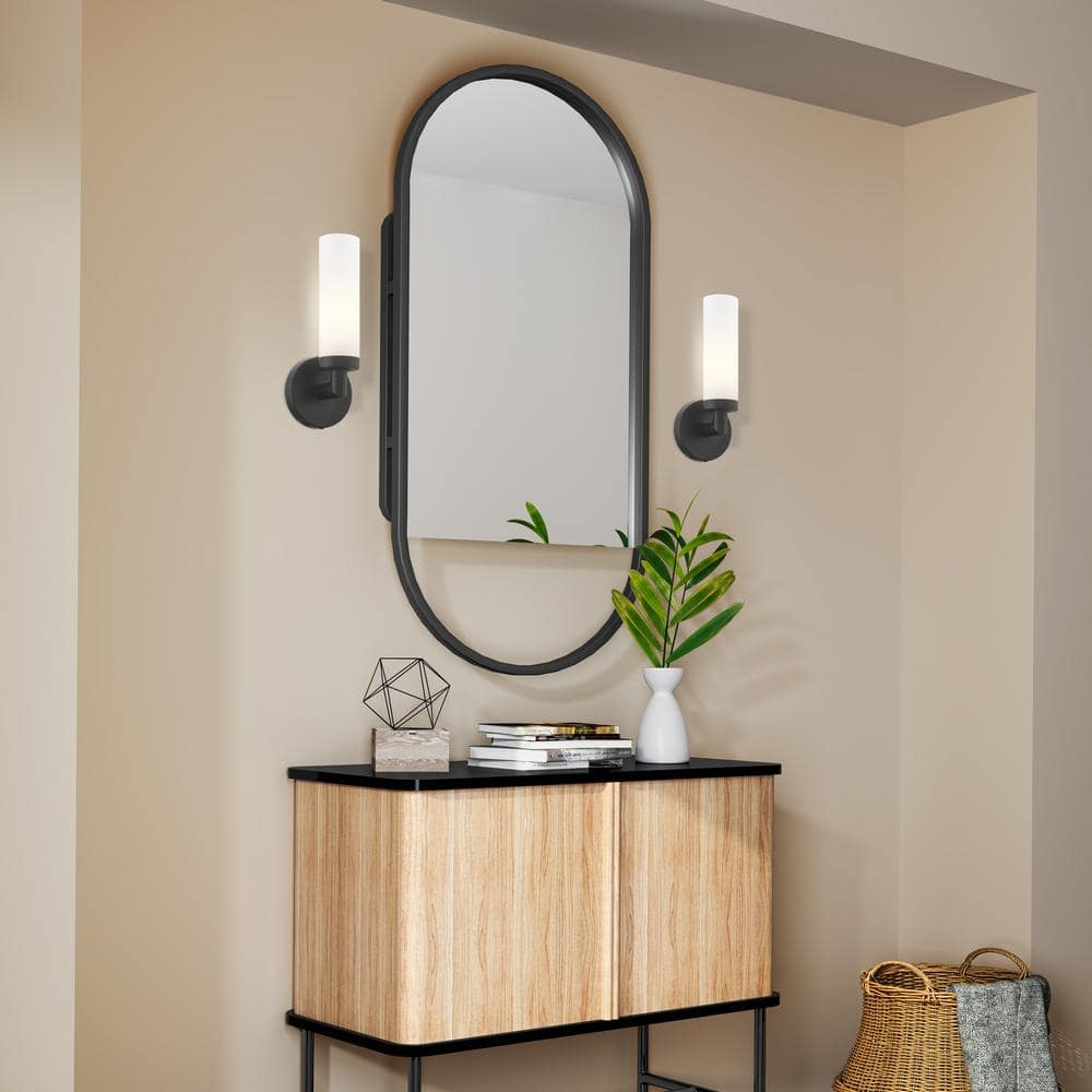 Black Steel Wall Sconce with Satin Opal Glass Shade