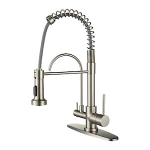 Double-Handles Pull Down Sprayer Kitchen Faucet with Drinking Water Filter in Solid Brass in Brushed Nickel
