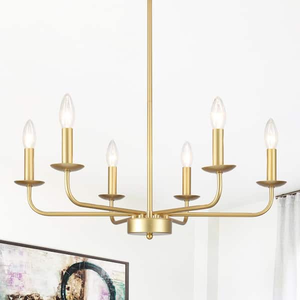 6-Light Rustic Spray Gold Candlestick Hanging Island Linear Chandelier Pedant Light for Kitchen Island