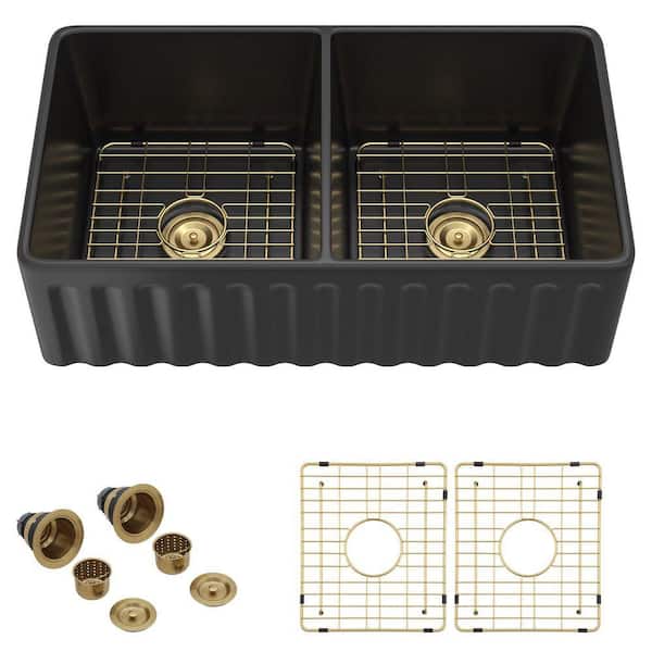 33"x 18" Matte Black Farmhouse Sink 50/50 Double Bowl-Reversible Apron Front Ceramic Fireclay Farm Sink