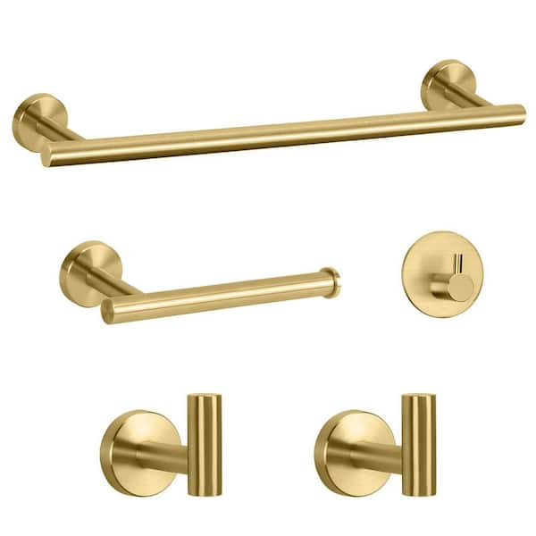 5-Piece Stainless Steel Bathroom Hardware Set with 16 in. Towel Bar, Toilet Paper Holder and Hooks in Brushed Gold