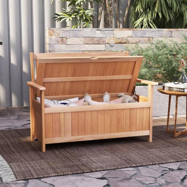34 Gal. Natural Wood Color 48 in. Outdoor Storage Bench with Slatted Backrest