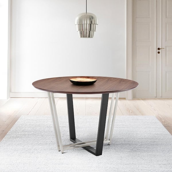 Armen Living Joana Stainless Steel and Black Wood Top 48 in. Trestle Base Dining Table Seats 4